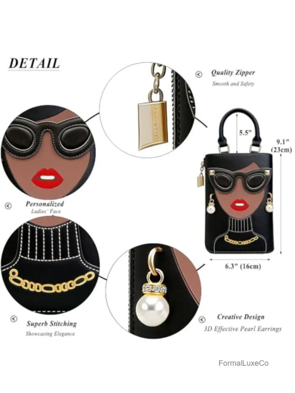 Women's Novelty 3D Lady Face Satchel PU Leather Handbag with Pearl Gold